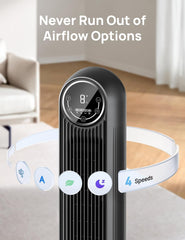 ChillSmart: Tower Fan for Bedroom, 25ft/s Velocity 28dB Quiet Floor Fan, 90° Oscillating Fans for Indoors with 4 Speeds, 4 Modes, 8H Timer, Bladeless Standing Fan, Black, Nomad One (DR-HTF007)