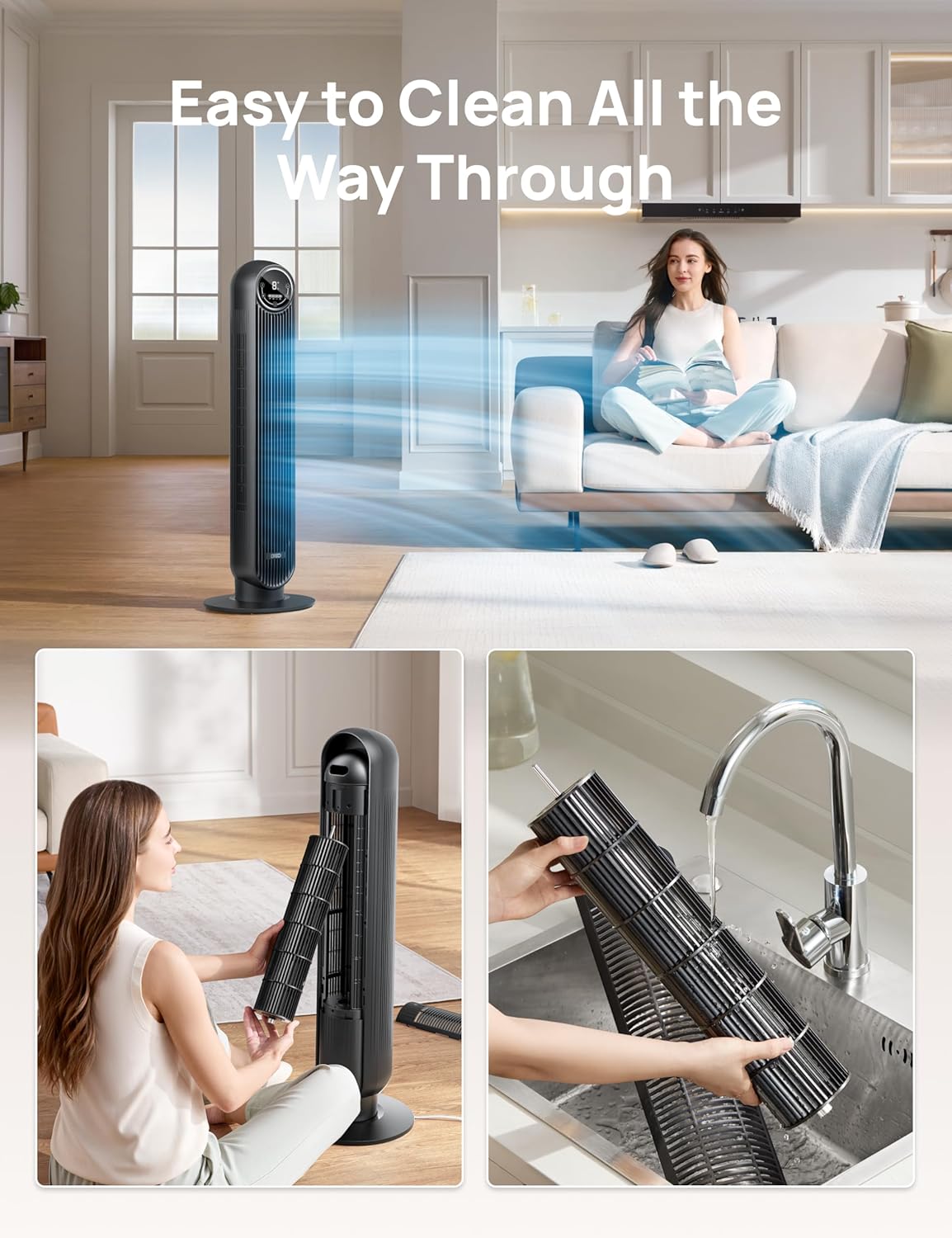 ChillSmart: Tower Fan for Bedroom, 25ft/s Velocity 28dB Quiet Floor Fan, 90° Oscillating Fans for Indoors with 4 Speeds, 4 Modes, 8H Timer, Bladeless Standing Fan, Black, Nomad One (DR-HTF007)