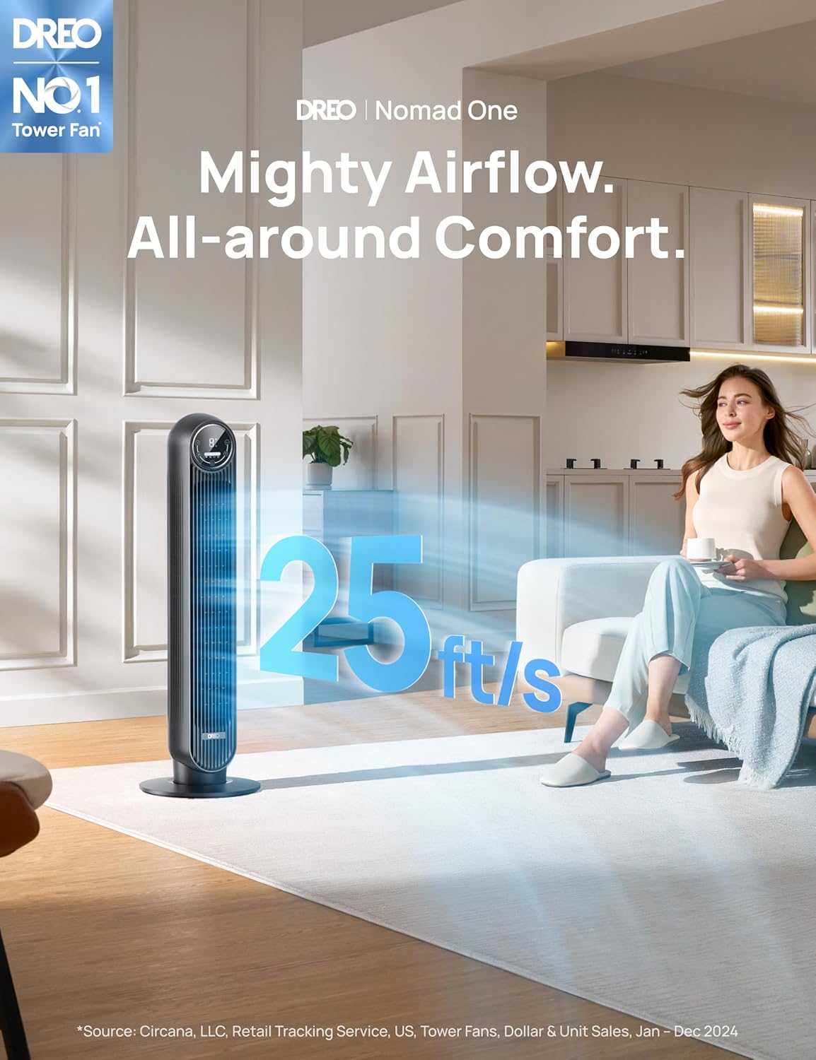 ChillSmart: Tower Fan for Bedroom, 25ft/s Velocity 28dB Quiet Floor Fan, 90° Oscillating Fans for Indoors with 4 Speeds, 4 Modes, 8H Timer, Bladeless Standing Fan, Black, Nomad One (DR-HTF007)