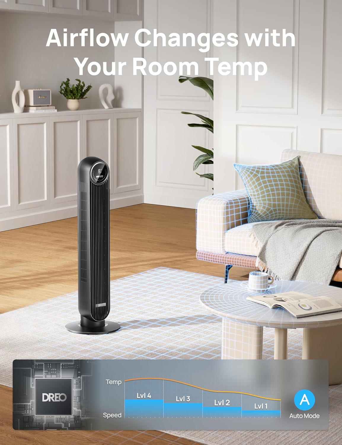 ChillSmart: Tower Fan for Bedroom, 25ft/s Velocity 28dB Quiet Floor Fan, 90° Oscillating Fans for Indoors with 4 Speeds, 4 Modes, 8H Timer, Bladeless Standing Fan, Black, Nomad One (DR-HTF007)