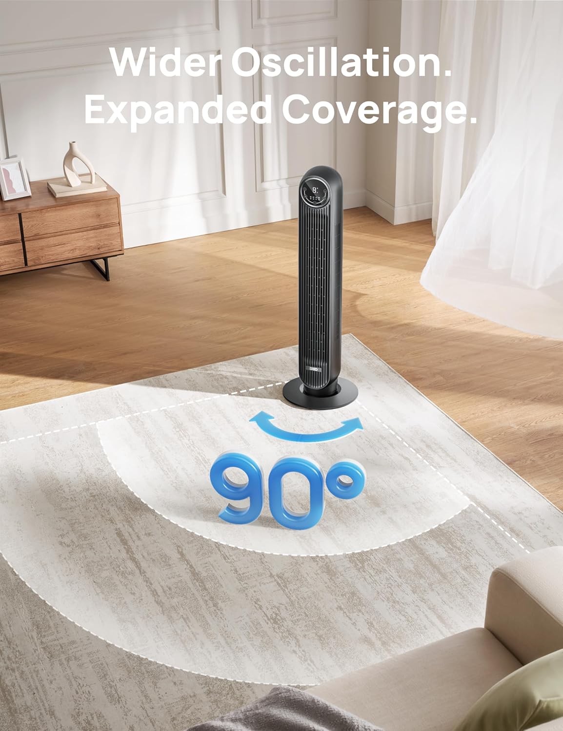 ChillSmart: Tower Fan for Bedroom, 25ft/s Velocity 28dB Quiet Floor Fan, 90° Oscillating Fans for Indoors with 4 Speeds, 4 Modes, 8H Timer, Bladeless Standing Fan, Black, Nomad One (DR-HTF007)